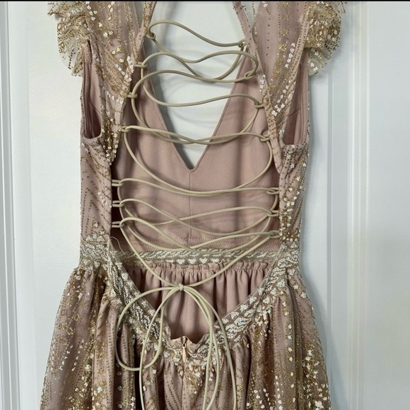 Hello Molly Roaming Free Dress Small Champagne Glitter Lace Up Back Party Mini - Picture 11 of 14